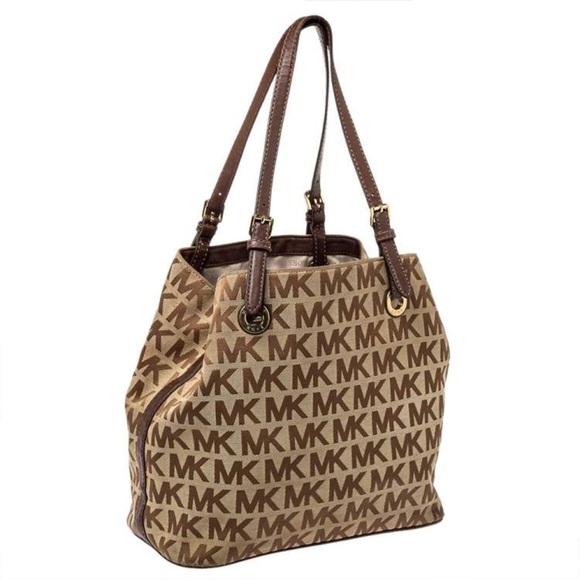 Michael Kors Handbags - Michael Kors Jet Set Grab Tan and Brown Logo Hobo Tote